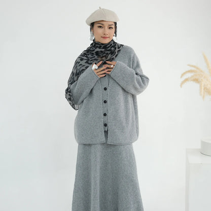 Winter Knitted Wool Cotton 3 Piece Abaya Set + Hijab Daily Thick Warm Modest Muslim Women Islamic Wholesale Suit Abaya.