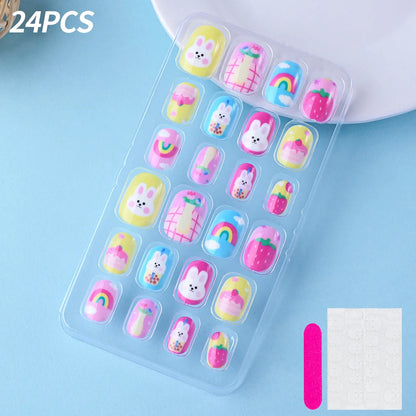 24Pcs/box Kids nails for Girl Cartoon Pattern False Nail Cute Child Fake Nails Tips Kawaii Acrylic Artificial Press on Nail+Tool