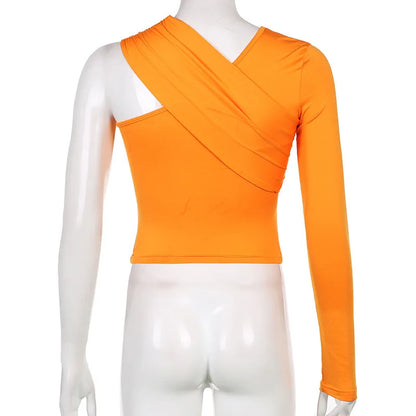 Personalized Street Hottie Single Shoulder Solid Color Top Sexy Off-the-shoulder Slim-fitting Long-sleeved Bottoming Shirt.