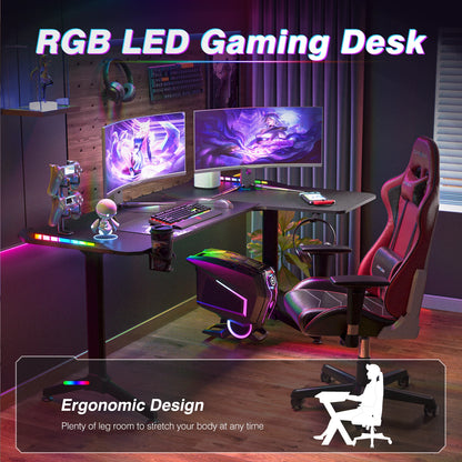 L-förmiger Computer-Gaming-Schreibtisch, RGB-LED-beleuchteter Tisch mit Kopfhörerhaken und Getränkehalter