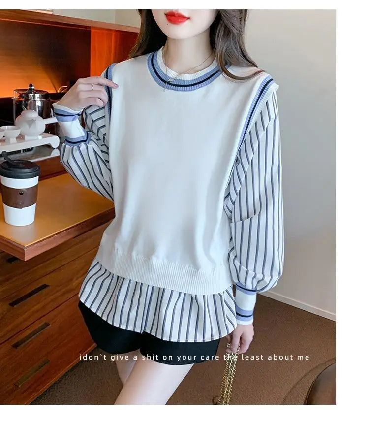 Autumn Preppy Style Patchwork O-neck Fake Two Pieces Top Tee Female Casual Striped Long Sleeve Sweatshirts Women Clothes Tshirt