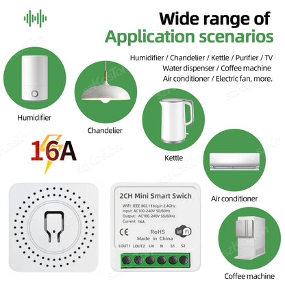 16A Tuya WiFi Smart Switch Modul Smart Home 2CH MiNi DIY Licht Breaker Timer Sprachsteuerung Funktioniert mit Alexa Google Hause.