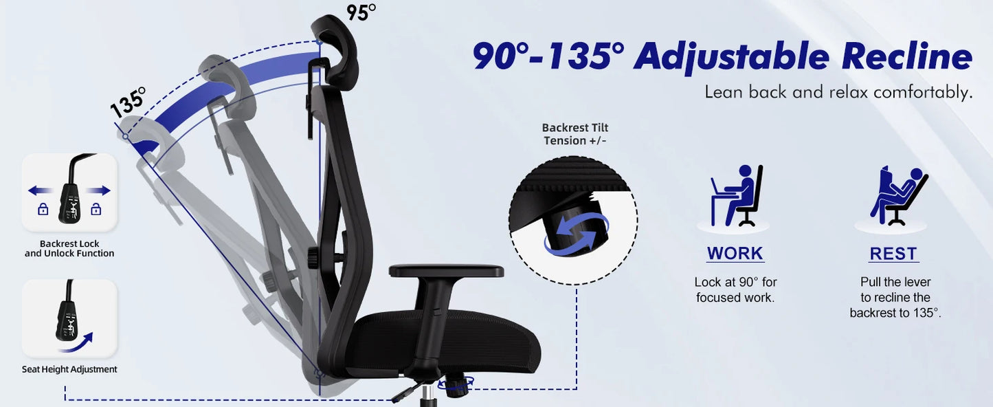 AUTHMIC Ergonomischer Bürostuhl, verstellbare Netzrückenlehne, Lordosenstütze, drehbarer Computer-Schreibtischstuhl für Zuhause, Büro, Arbeit, Gaming