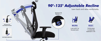 AUTHMIC Ergonomischer Bürostuhl, verstellbare Netzrückenlehne, Lordosenstütze, drehbarer Computer-Schreibtischstuhl für Zuhause, Büro, Arbeit, Gaming