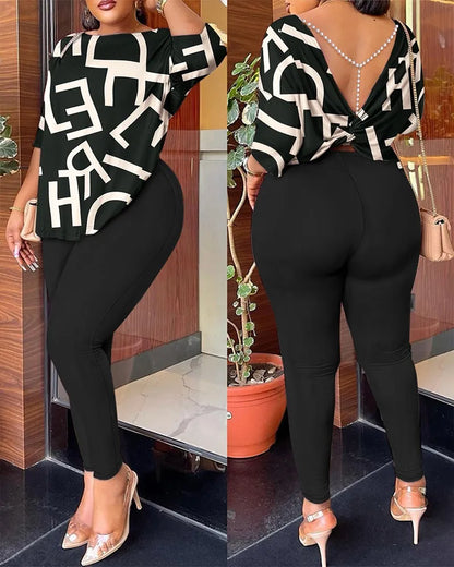 Autumn Women's Clothing New Fashion Print Sexy Backless Round Neck Five Quarter Sleeve Pants Two-piece Casual Comfortable Set