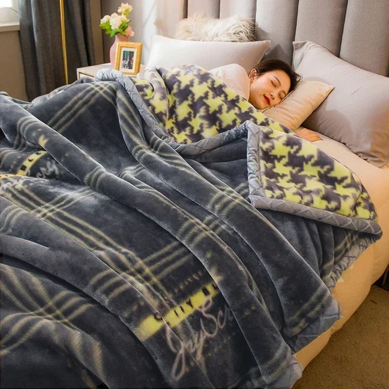Double Sided Printed Autumn Winter Blankets for Bed Soft Warm Encrypted Flocking Raschel Blanket Skin Friendly Weighted Blanket
