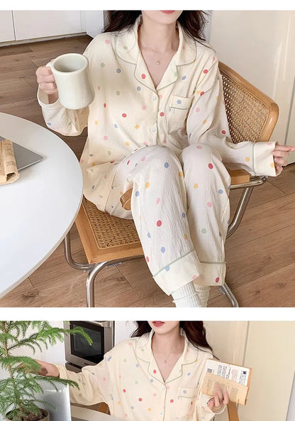 Koreanische Farbige Wavelet Dot Nachtwäsche frauen Herbst Lange Ärmeln Set Kleine Frische Hause Kleidung Lose Internationale Student Pyjama.