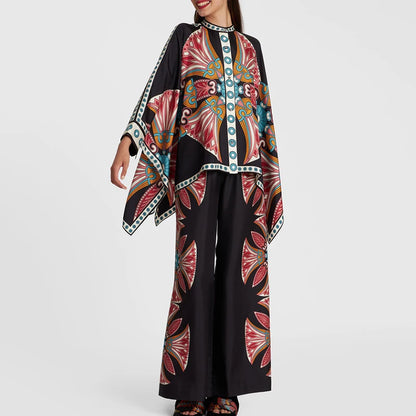 Retro Printed Loose Indie Folk Outfit Women Spring Stand Collar Button Irregular Top+Pant Set Fall Batwing Long Sleeve 2pcs Suit