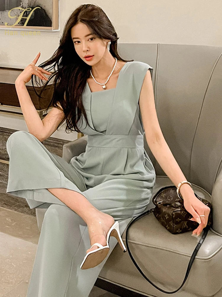 H Han Queen Summer Elegant Business Jumpsuits Women Simple Wide Leg Long Playsuits Korean Sleeveless Casual Rompers Office Lady.