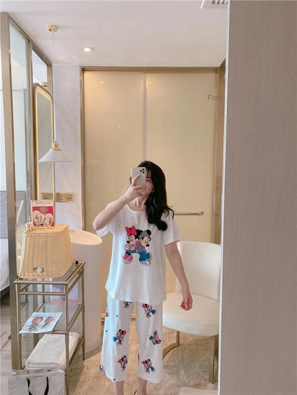 Sommer Pooh Bär Nachtwäsche frauen Lose Bequeme Cartoon Print Hause Kleidung Set Kurzarm Nachthemd Mickey Pyjama Set