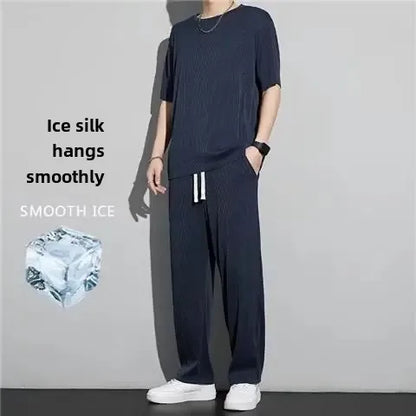 High-End Ice Silk Men's Sports Suit Casual Home Use Long Pants Short Sleeves Quick Drying Top Set Summer Collection.