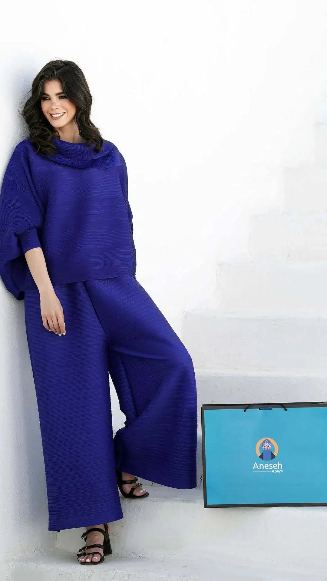 YUDX Miyake Pleated New Women's Fashion Clothing Set, Stand Up Collar Bat Sleeve Top, Wide Leg Pants Two-piece Set.