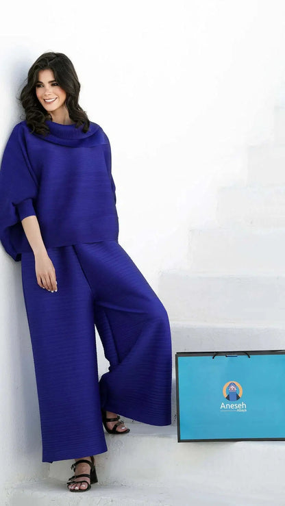 YUDX Miyake Pleated New Women's Fashion Clothing Set, Stand Up Collar Bat Sleeve Top, Wide Leg Pants Two-piece Set.