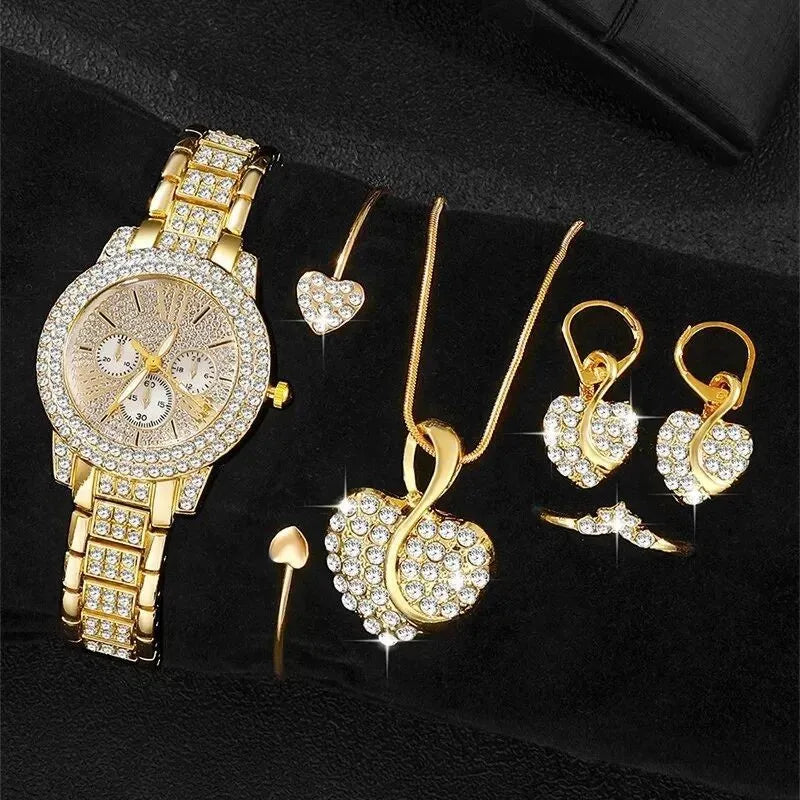 Quartz Women's Watch Luxury Fashion 5pcs Set Bracelet Necklace Ring Earrings Wristwatches Accessories Часы Женские Наручные.