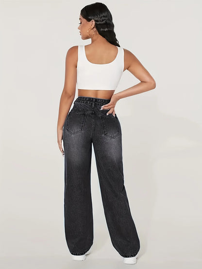 Loose Fit Elastic Fashionable Wide Leg Jeans, Blue Distressed Loose Wide Leg Jeans.