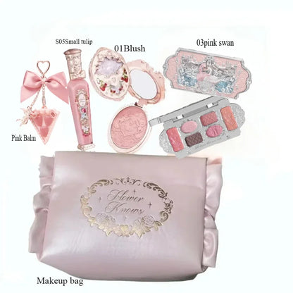 Makeup Set Flower Knows All in One GiftBox Glitter EyeShadow Palette Long Lasting Velvet Lip Cream Matte Blush with Cosmetic Bag.
