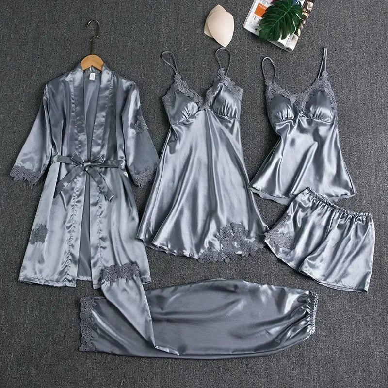 5-teiliges Set Damen-Nachtwäsche, sexy Seiden-Nachthemd, Spitzen-Satin-Nachthemd, Weste mit V-Ausschnitt, atmungsaktiv, bequemes Damen-Nachthemd