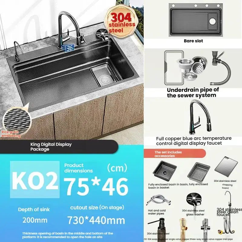 Gray 304 Stainless Steel Kitchen Sink Wash Dish Bowl Nano Embossing Large Single Slot Multifunctional Household Undermount Basin