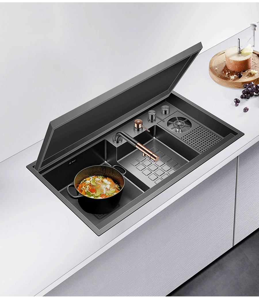 ASRAS Large Size Flip Cover Hidden Island Kitchen Sink 304 Stainless Steel 4mm Thickness Handmade Stepped Sink Cup Rinser Sinks