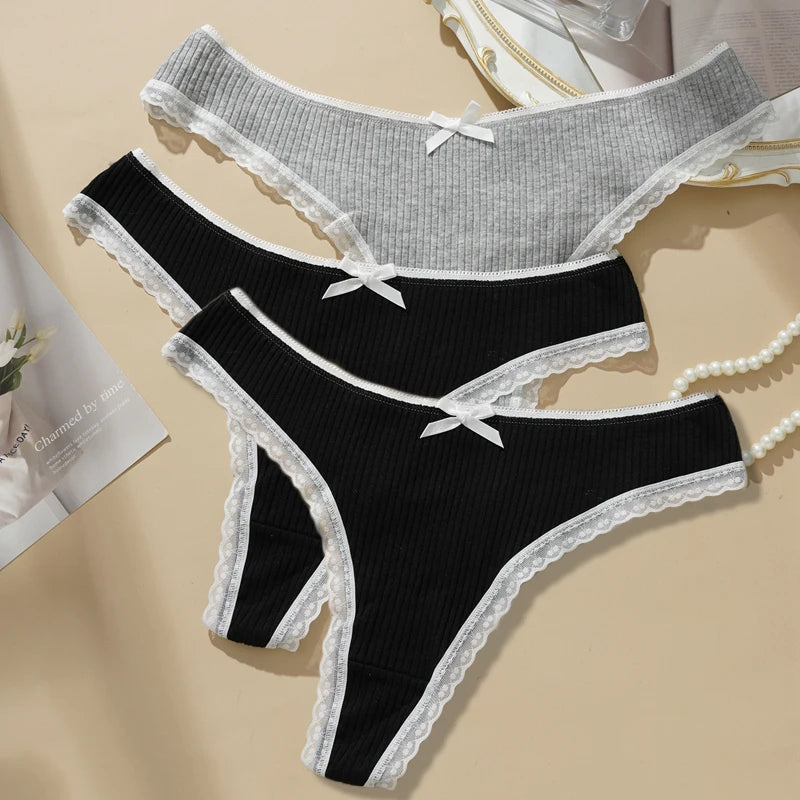 3PCS Sexy Low Waist Panties Women Lace Trim Solid Color Briefs M-XL Breathable Comfortable Lingerie Female Rib Cotton Underwear.