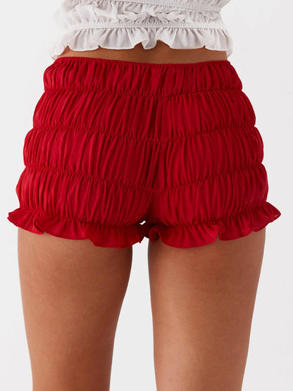 Women Y2k Ruched Mini Shorts Low Waist Ruffle Frill Bloomers Summer Lounge Pajamas Shorts Smocked Micro Shorts Sleepwear.