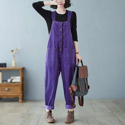 #2316 Vintage Corduroy Jumpsuits Women Loose Single Breasted Long Jumpsuit Female Pockets Loose Vintage Overalls Autumn Winter.