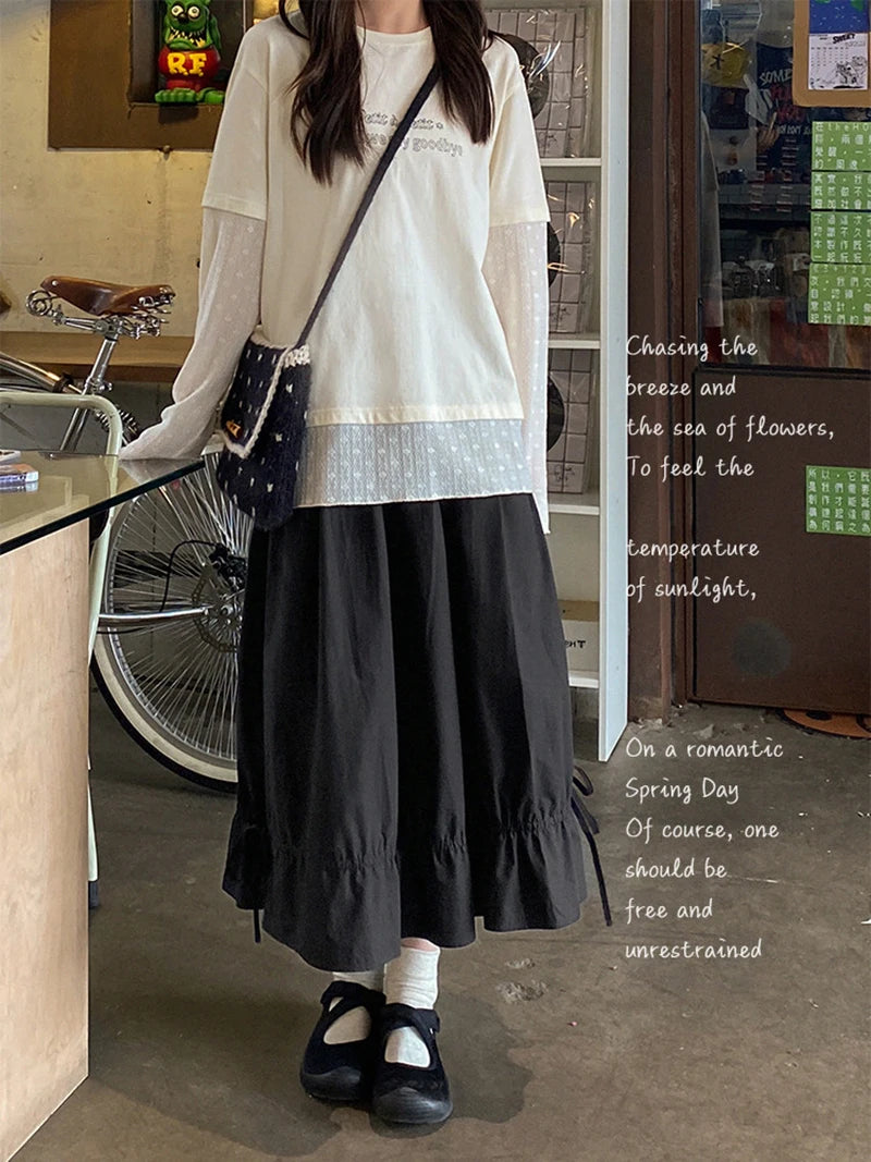 Vintage Black Midi Skirt Women Japanese Harajuku Drawstring Bud Skirts Summer Streetwear Korean Casual Design A Line Faldas New.