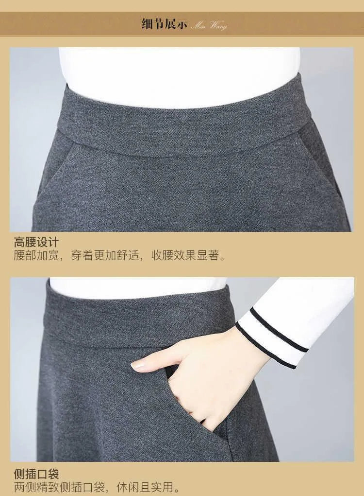 Autumn Winter Black Gray Large Size Woolen Long Skirt Women Fashion Korean Ladies Red High Waist Festival Pleated A-line Skirts.