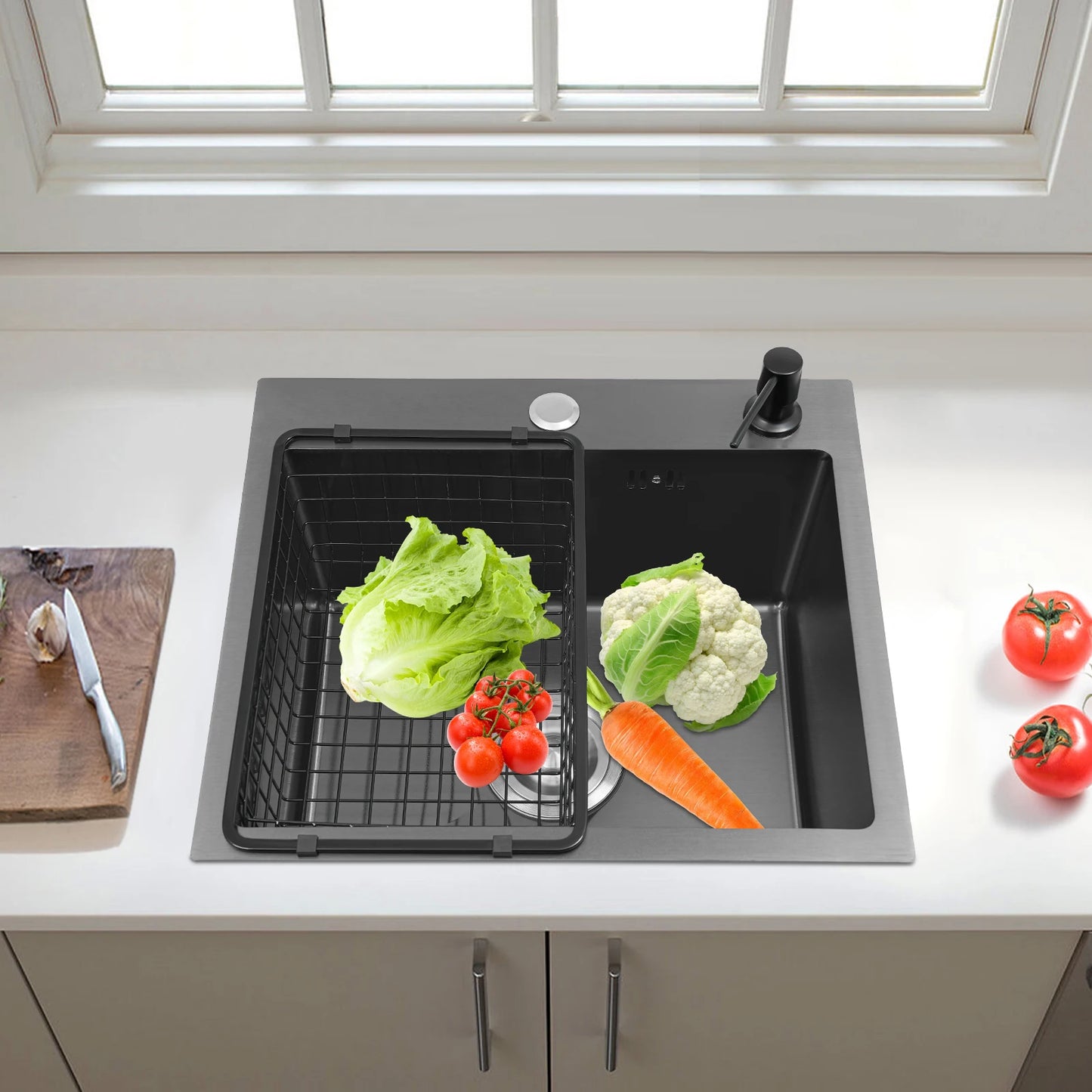 Großes schwarzes Abtropfgestell für die Küche, Küchenspüle aus Edelstahl mit Abtropffläche, Gemüse-Doppelbecken mit Seifenspender