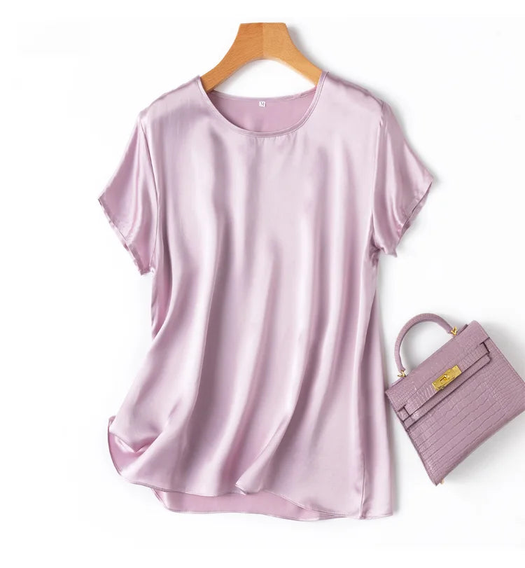 Women 100% Mulberry Silk 19 Momme half sleeve Crew Neck Top Shirt Blouse T-shirt More Colors M L XL MM4270