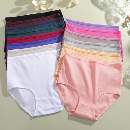 7Pcs Women's Cotton Panties Solid Color Plus Size Briefs Female Mid Waist High Elastic Underwear Cozy Breathable Lingerie S-2XL.