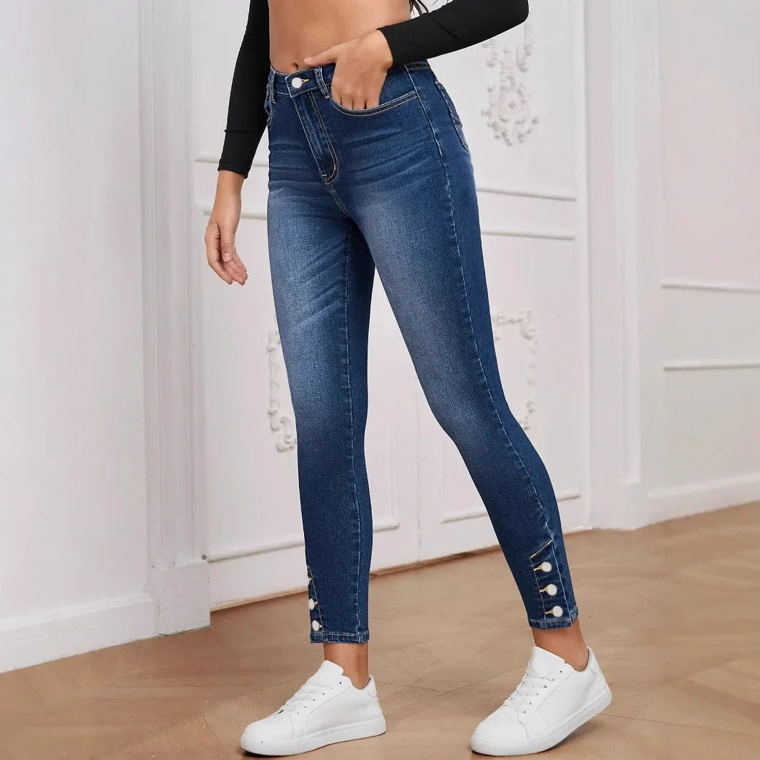 Elastic Women's Jeans Nine-Piece Buttoned Slim Fit Blue Polypropylene Women's Pencil Pants Tight-Fit Trousers.