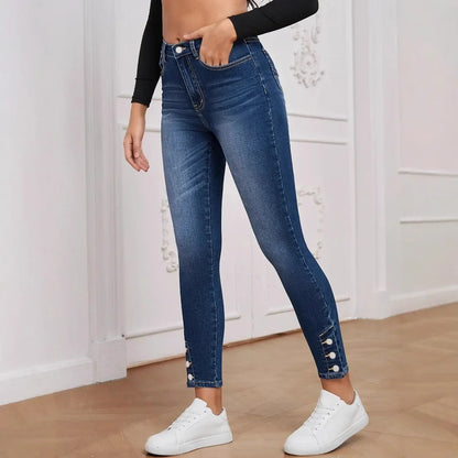 Elastic Women's Jeans Nine-Piece Buttoned Slim Fit Blue Polypropylene Women's Pencil Pants Tight-Fit Trousers.