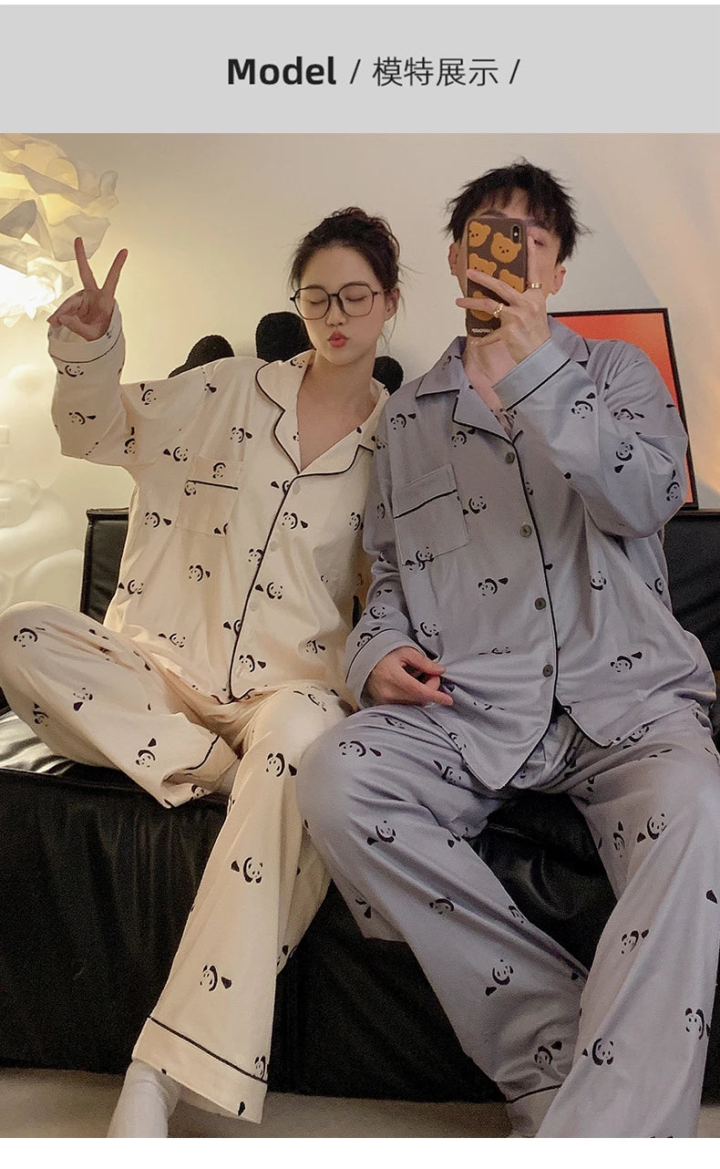 Pajamas Women Pajama Man Set Cotton Plus Size Spring Autumn Long-sleeved Korean Cardigan Casual V-neck Nightwear Couple Pyjamas.