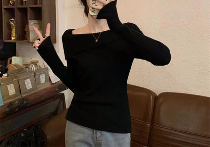 Solide Sexy Schlank Off Schulter Slash Neck Langarm Stricken Pullover Frauen Jumper Büro Mode Neue