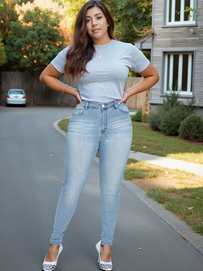 Classic Elastic Slim Fit Denim Jeans Mid Waist Cotton Blue Jeans Women's plus Size Jeans Fashionable Versatile Light Blue.