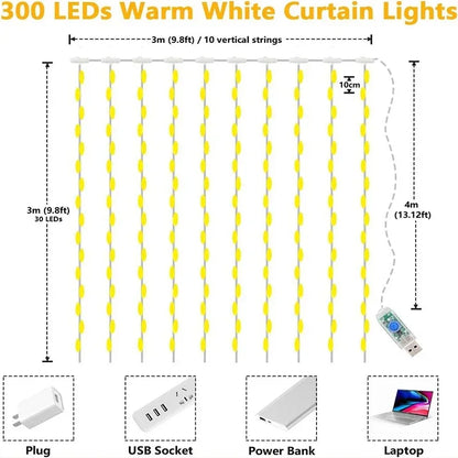 300 LED-Vorhang-Lichterkette, 8 Modi, USB-Stecker, Kupferdraht, Lichterkette für Schlafzimmer, Fenster, Weihnachten, Hochzeit, Party, warmweiß.