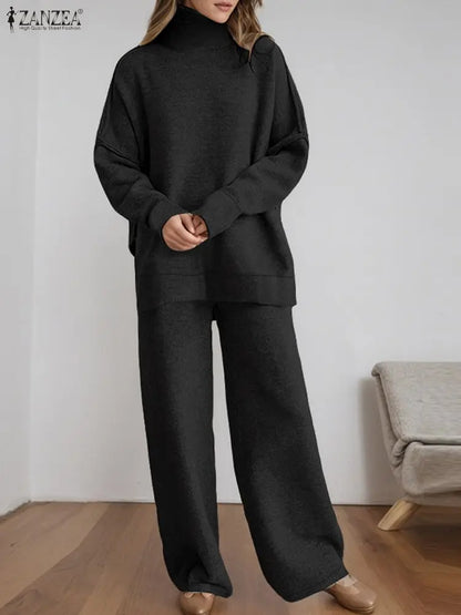 ZANZEA Gestrickte 2-teilige Hosen-Sets für Damen, lässig, lockerer Rollkragen, Langarm-Pullover und Hosenanzüge mit weitem Bein, tägliche Outfits