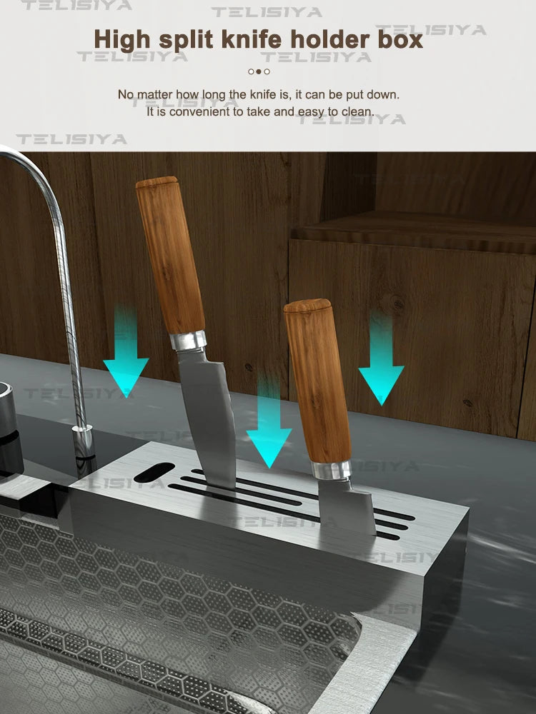 Edelstahl-Küchenspüle, multifunktionale Digitalanzeige, Wasserfall, großer Einzelschlitz mit Rack für Messerwaschbecken