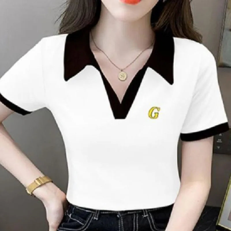 Women's Polo Shirts Slim Female Tee Plain Graphic T-shirts Embroidery Polyester Y2k Fashion Aesthetic Basic Synthetic Luxury New.
