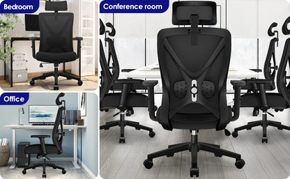 AUTHMIC Ergonomischer Bürostuhl mit Netzrücken, 5D-Lendenwirbelstütze, Liegestuhl 90–135 ° , Verstellbare Armlehne und Kopfstütze für das Heimbüro