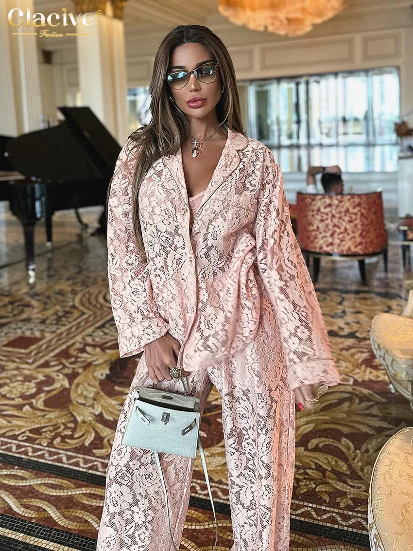 Clacive Sexy Loose Black Lace See Through Trousers Sets Women 2 Pieces Fashion Long Sleeve Shirt With High Waist Wide Pants Set