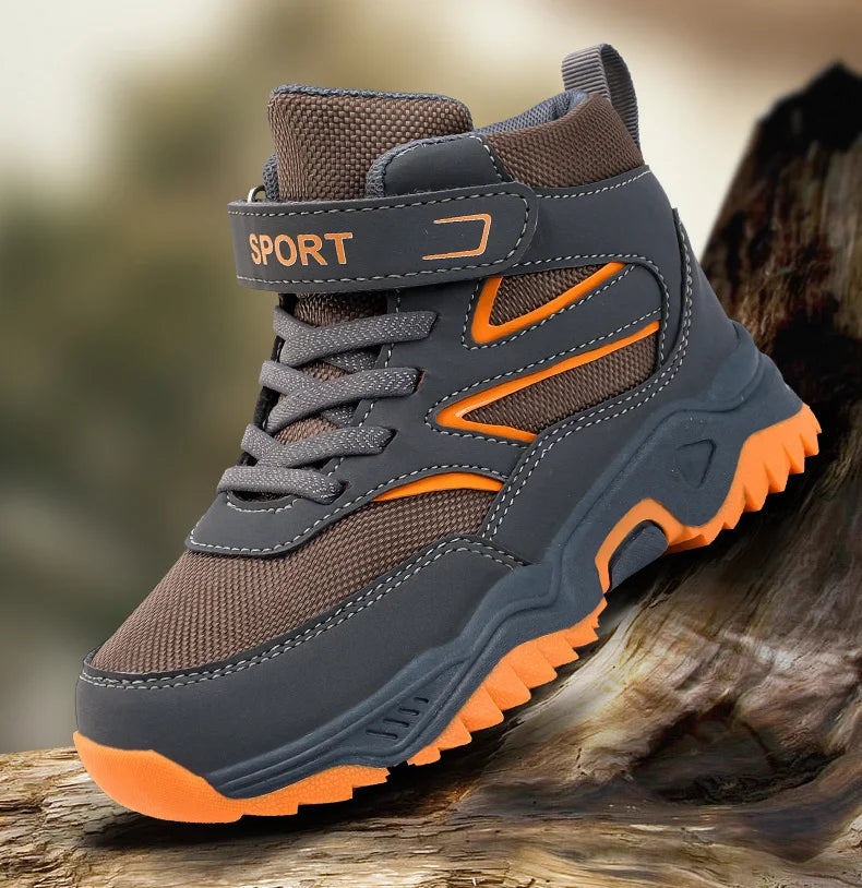 New Boys' Sports Shoes Non-slip School Children's Leather Breathable Running Black Fashion Hiking Shoes Sneaker Size 29-40.