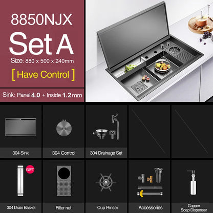 ASRAS Nanometer Black Flip Cover Hidden kitchen Sink 304 Stainless Steel 4mm Thickness Handmade Stepped Sinks Cup Rinser Sinks