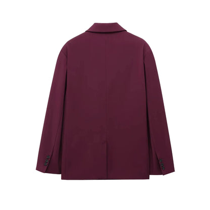 KONDALA Vintage Chic Office Lady Red Solid Women Suit Notched Single Button Pockets Blazer Straight Loose Pants Fashion 2025 Set.