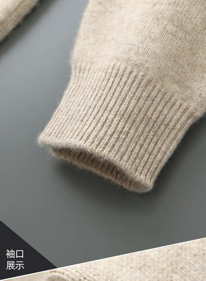 100% Merino Wool Men's Warm Sweater Mock Collar Thickened Zippered Cardigan Autumn Winter New Cashmere Knitted Long Sleeve Tops.