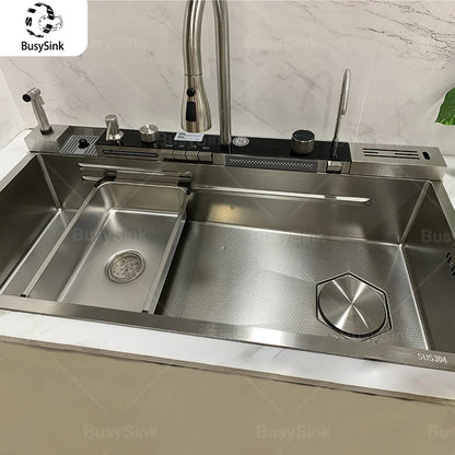 Stainless Steel Kitchen Sink Waterfall Wash Vegetables Basin Intelligent Digital Display Faucet Dish Wash Bowl Large Single Slot