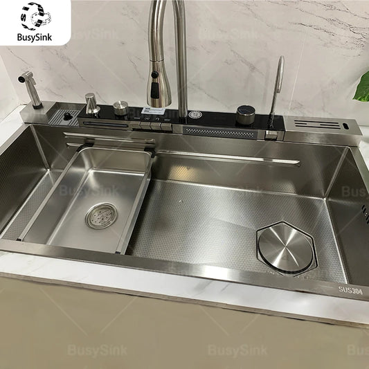 Stainless Steel Kitchen Sink Waterfall Wash Vegetables Basin Intelligent Digital Display Faucet Dish Wash Bowl Large Single Slot