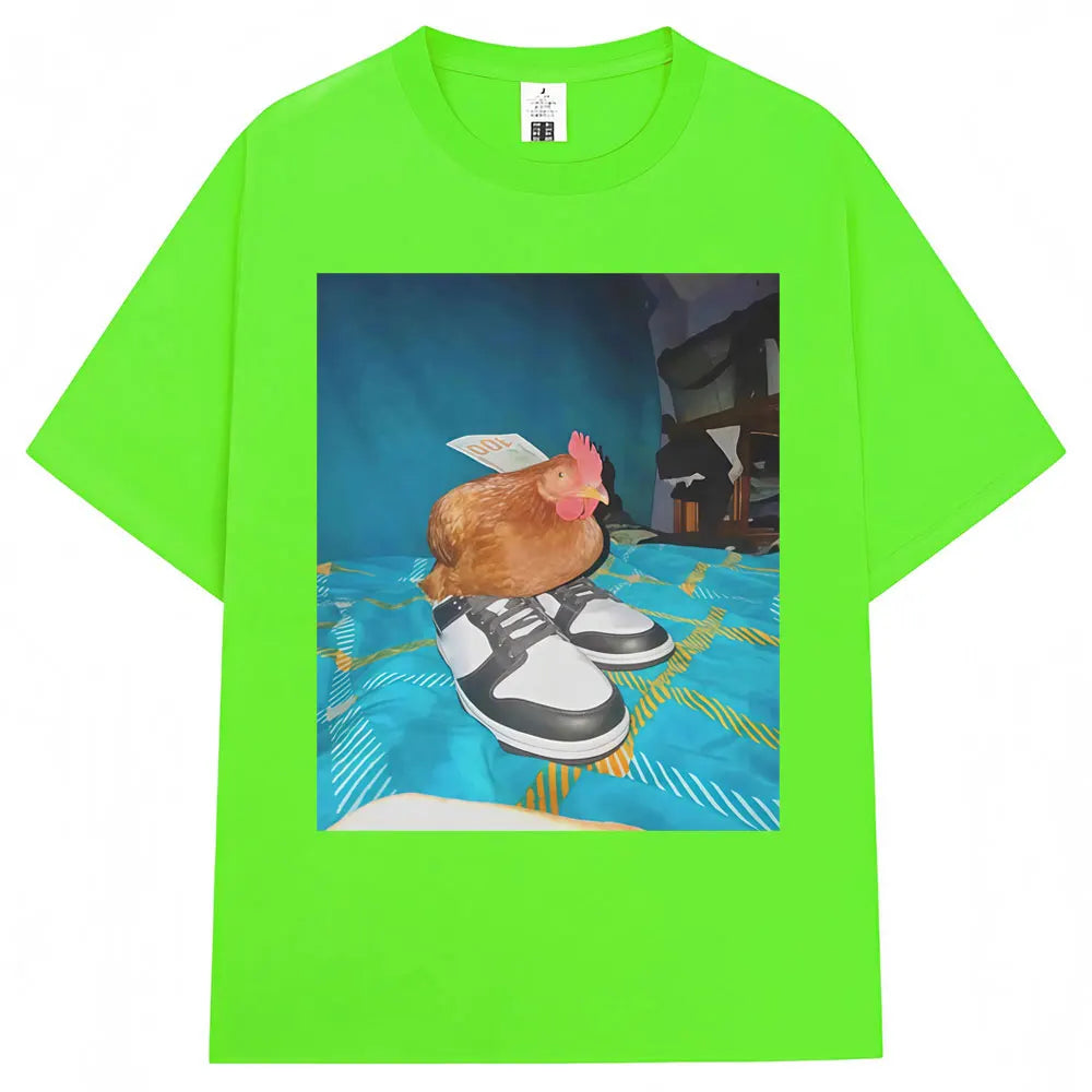 Funny Dripped Out Chicken Meme Print T-shirts Humor Chicken with Shoes Men Women T Shirt Creativity Popular Loose Cotton T-shirt.
