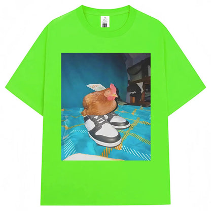 Funny Dripped Out Chicken Meme Print T-shirts Humor Chicken with Shoes Men Women T Shirt Creativity Popular Loose Cotton T-shirt.